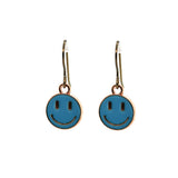 Blue smiley face earrings with rose gold accents on a white background