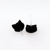 Black cat-shaped earrings with clear plastic posts on a white background