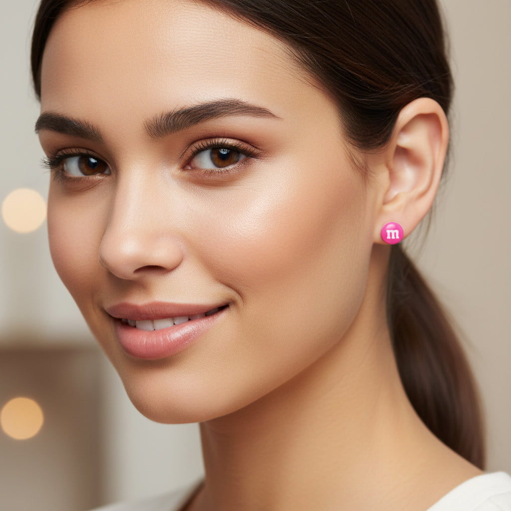 Close-up of an ear wearing two earrings: a pink 'm&M' logo earring and a silver rhinestone earring.