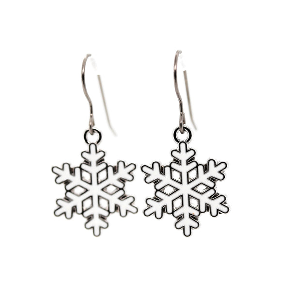 Silver snowflake earrings on a white background