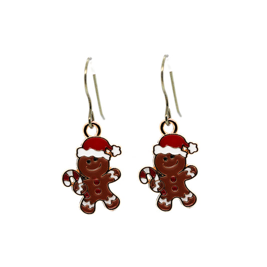 Gingerbread man earrings with Santa hats on a white background