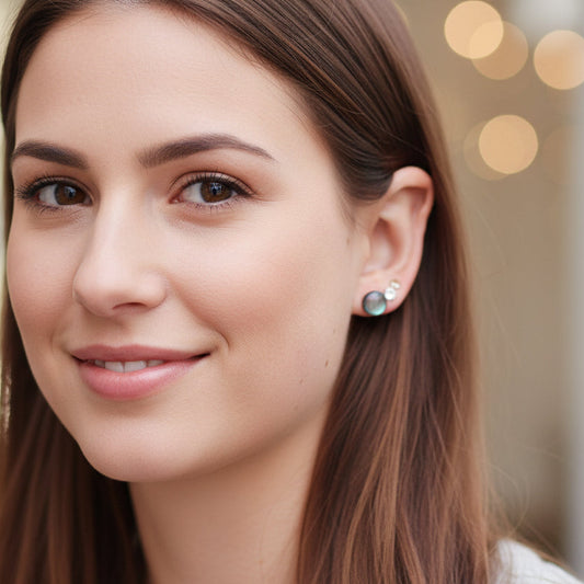Close-up of an ear wearing black and pourple opalescent earrings with a neutral background
