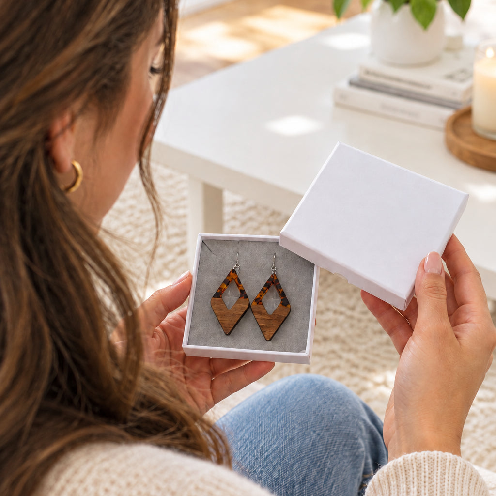 Wood & Resin Tortoiseshell Rhombus Dangle Earrings, 67mm/2.65"