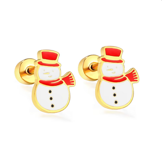 A pair of gold-colored screw back earrings featuring a stainless steel snowman design with a red hat and white body.