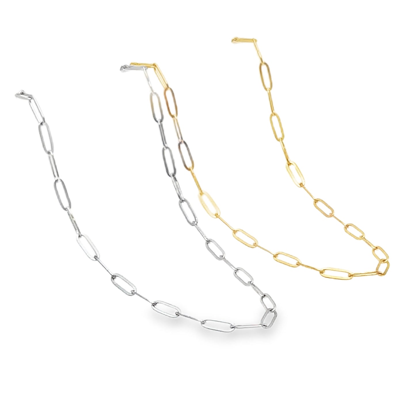 Two paperclip chain necklaces, one plated in 18K gold and the other in silver, with a lobster clasp closure.