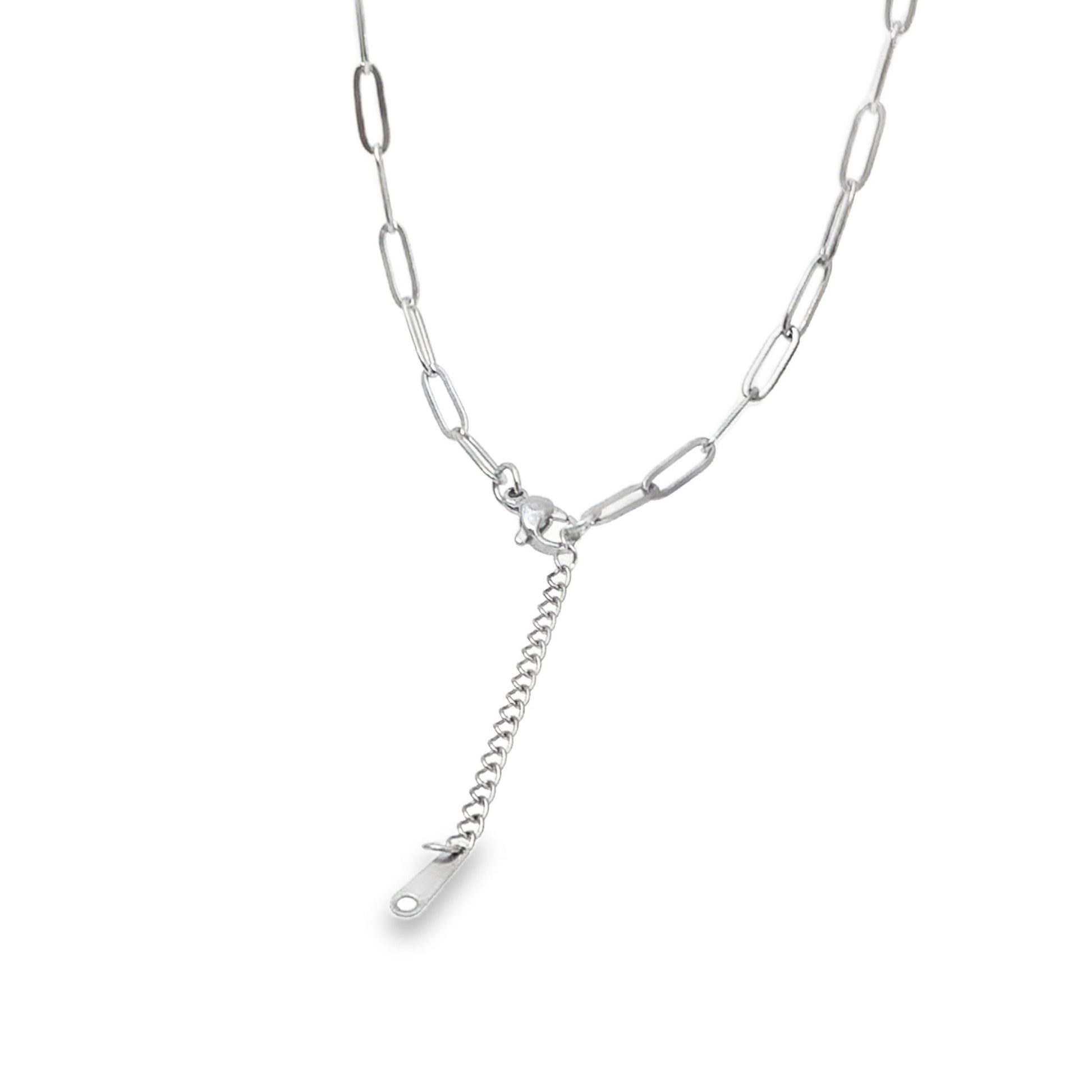 extender chain on silver paperclip necklace