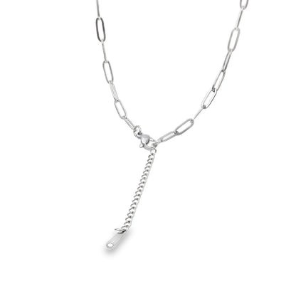 extender chain on silver paperclip necklace