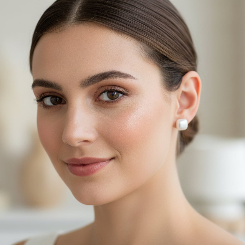 Cabochon Shell Stud Pearl Earrings, Rounded Square