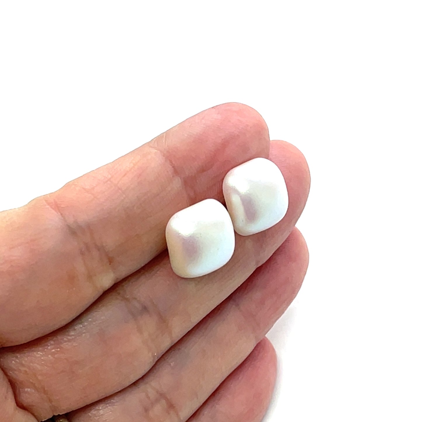Cabochon Shell Stud Pearl Earrings, Rounded Square