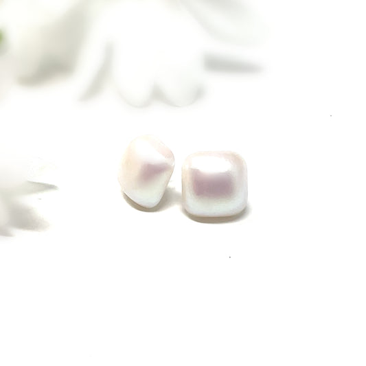 Cabochon Shell Stud Pearl Earrings, Rounded Square
