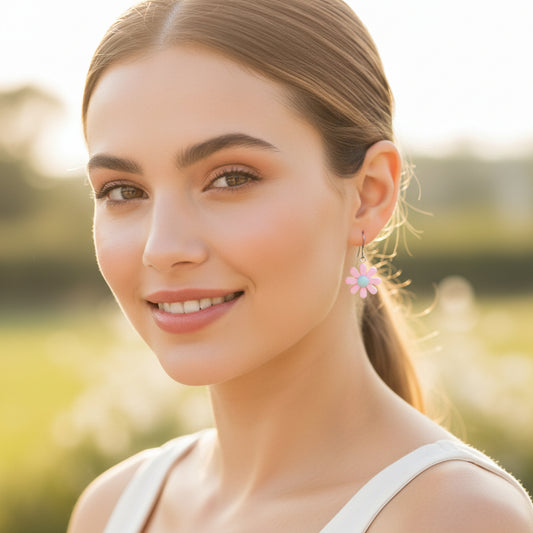 Daisy Flower Dangle Earrings - Pink