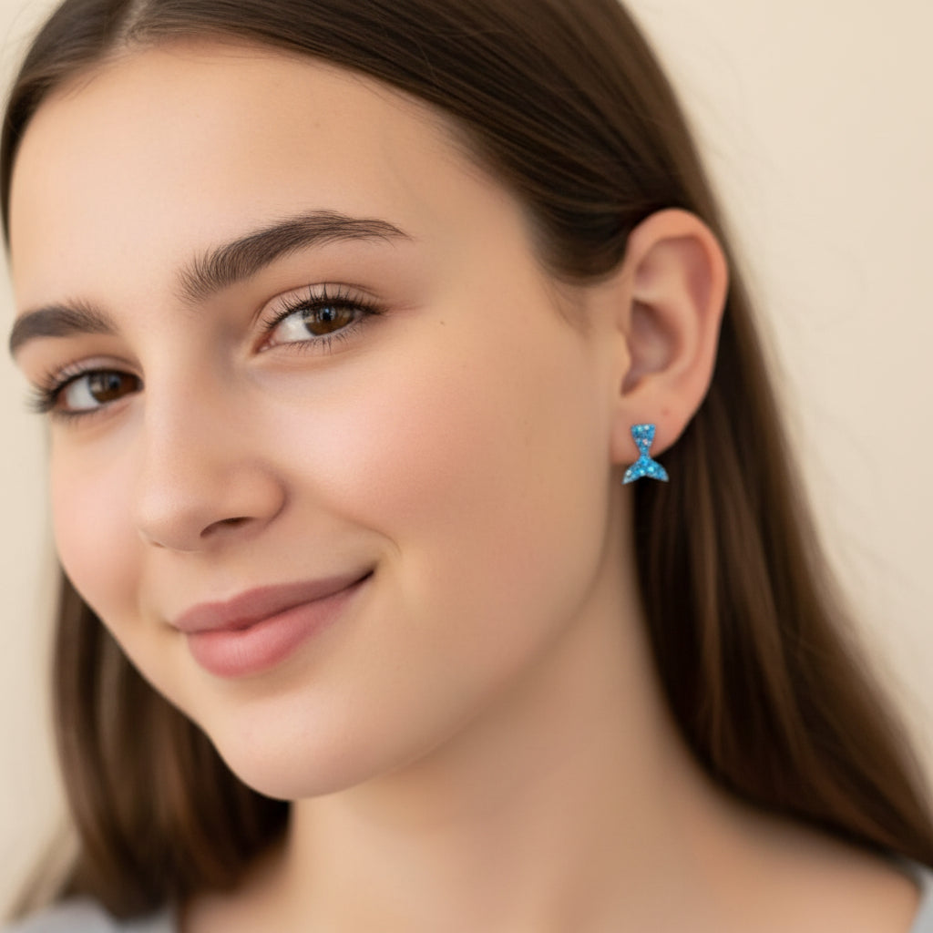 Close-up of an ear wearing a blue mermaid tail earring with a blurred background