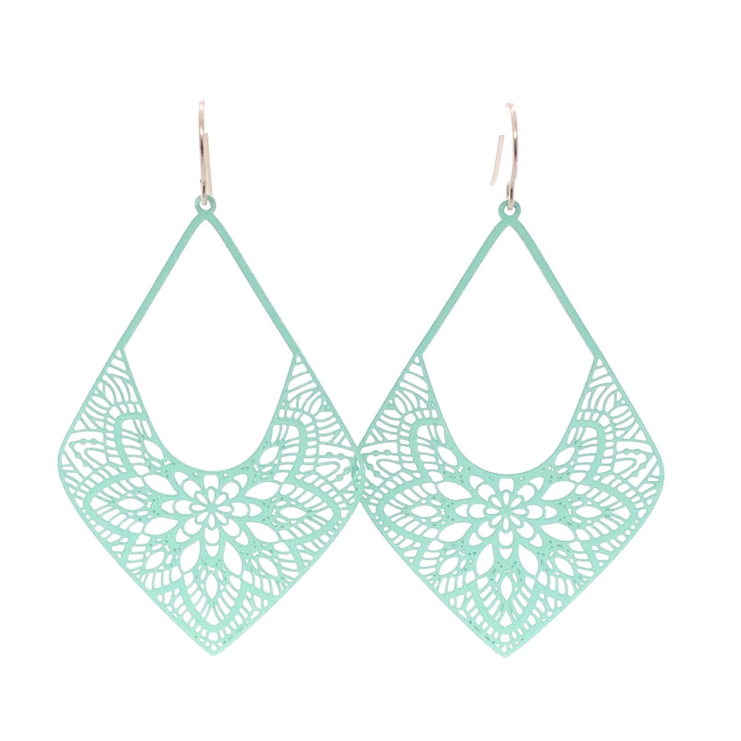 A pair of turquoise lace diamond-shaped dangle earrings with invisible clip-on attachments.