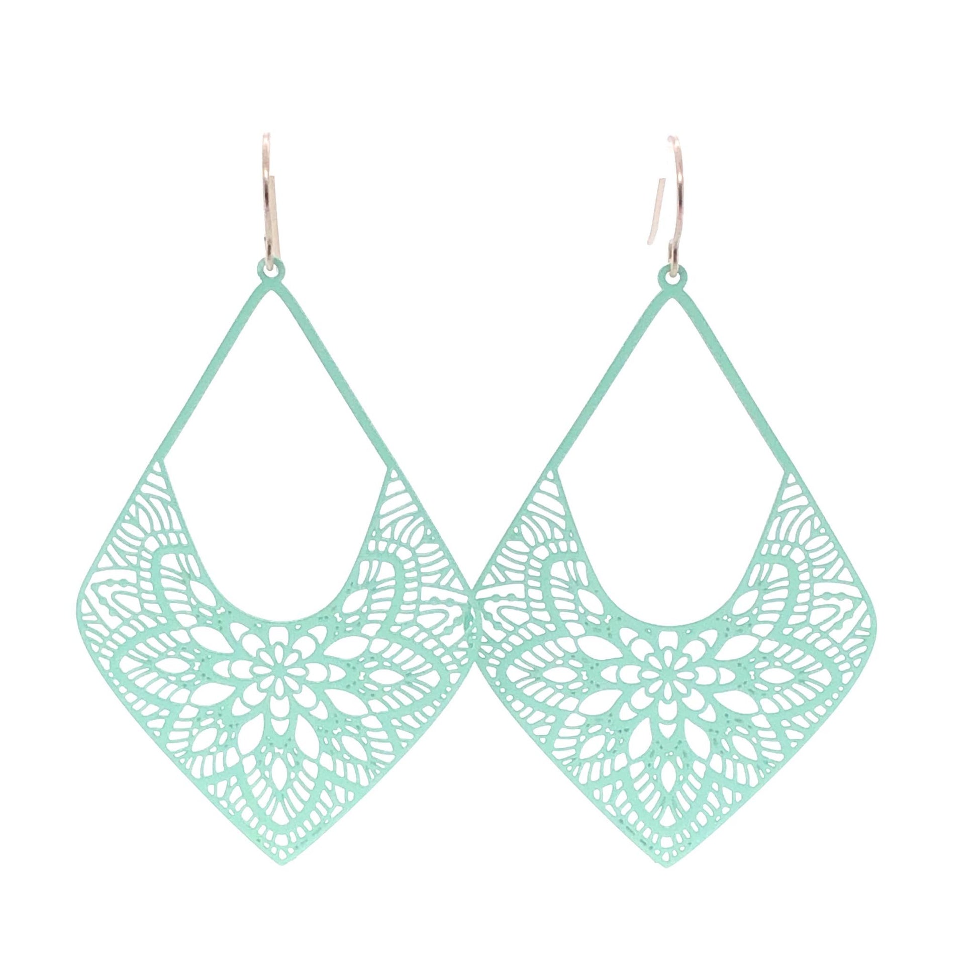 A pair of turquoise lace diamond-shaped dangle earrings with invisible clip-on attachments.