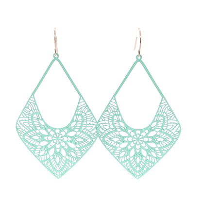 A pair of turquoise lace diamond-shaped dangle earrings with invisible clip-on attachments.