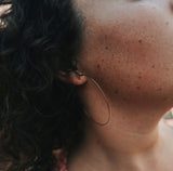 Close-up of an ear with a long hair strand, showing skin texture and freckles wearing wire hoop earrings