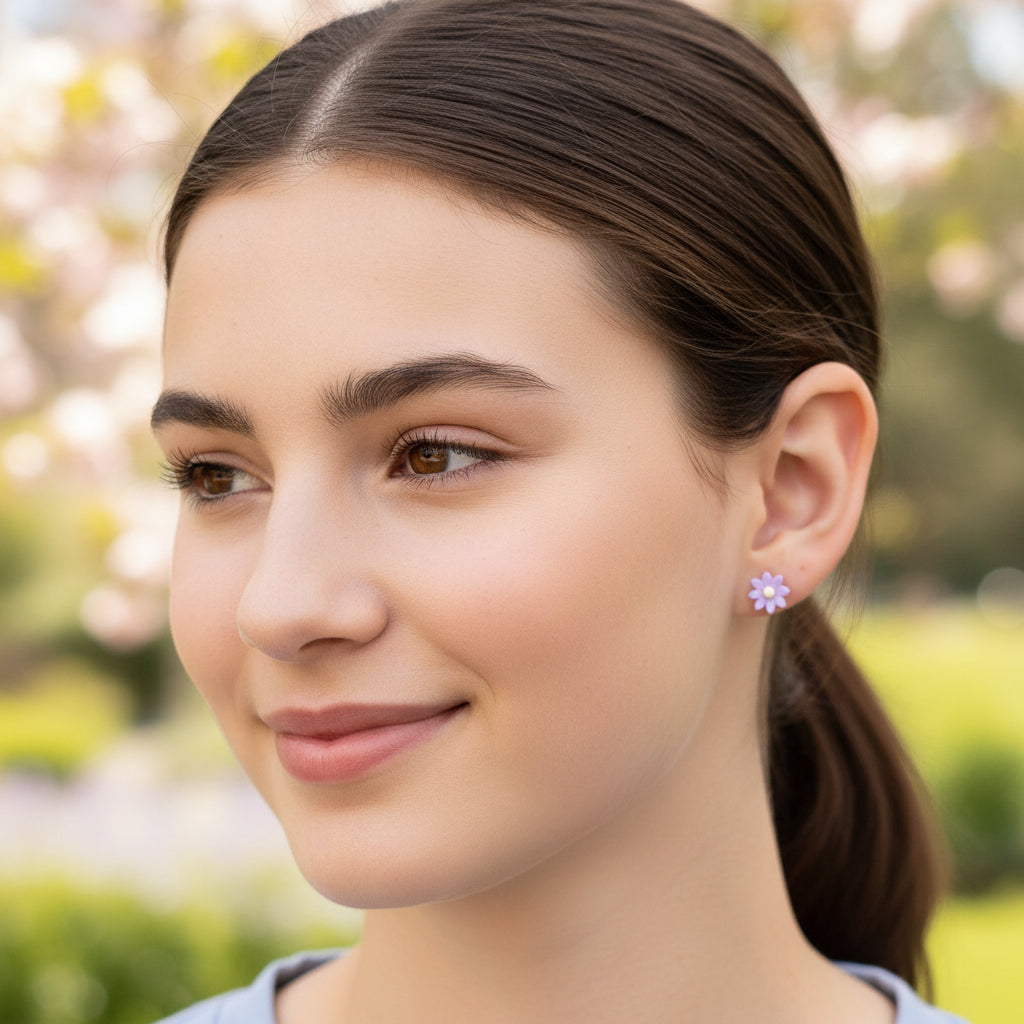 Close-up of an ear with two earrings: a small round earring and a purple flower-shaped earring.