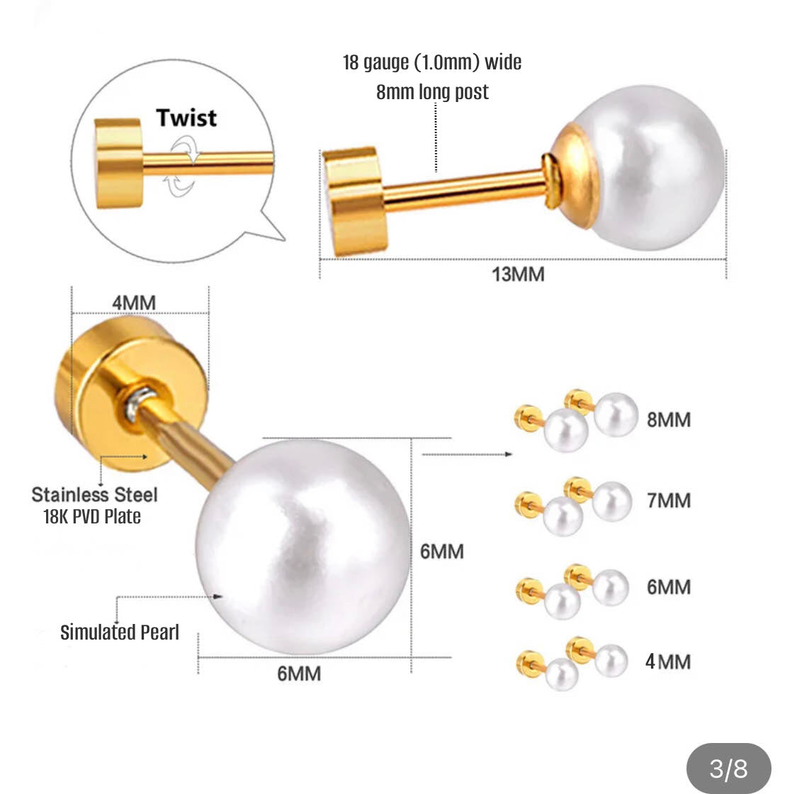 A pair of screw-back, simulated pearl earrings with a gold PVD coating.