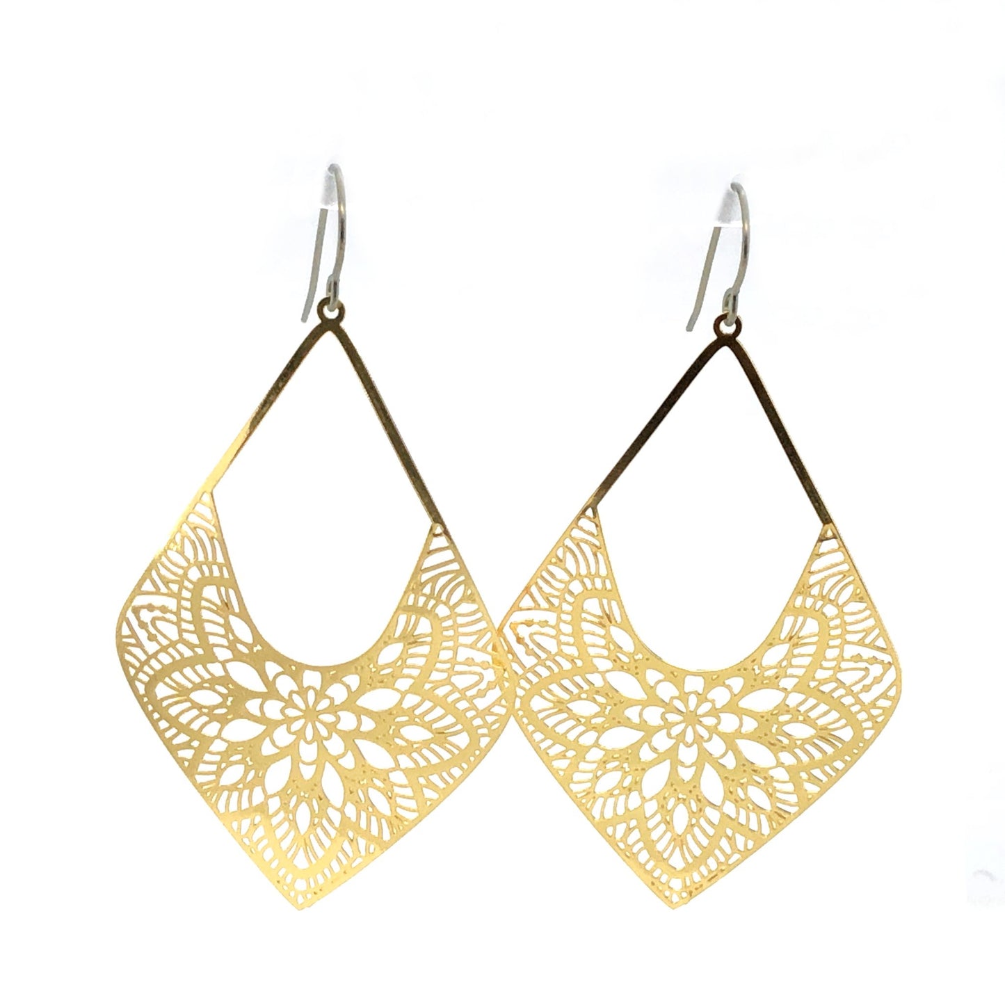 A pair of gold lace diamond-shaped dangle earrings with invisible clip-on attachments.