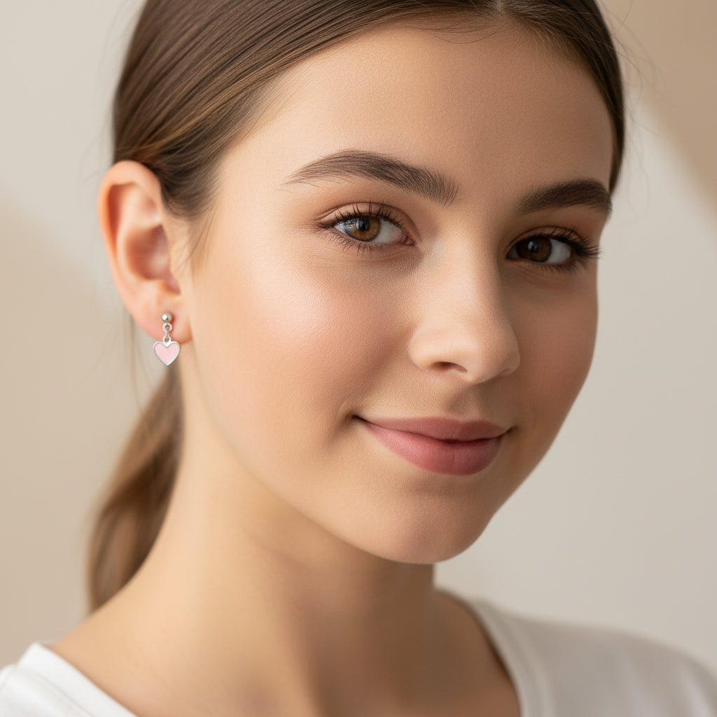 Close-up of an ear with multiple earrings including a heart-shaped one.