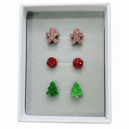 Glitter Gingerbread, Green Tree,  Druzy Red- Stud Earrings Gift Set