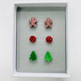 11mm Glitter Gingerbread, Green Tree, 8mm Druzy Red- Stud Earrings Set