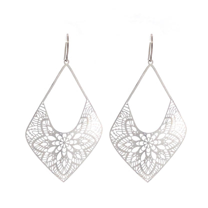 A pair of silver lace diamond-shaped dangle earrings with invisible clip-on attachments.