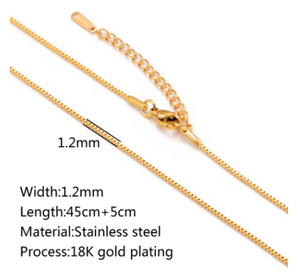 Box Chain Necklace 18K Gold PVD Plated Stainless Steel, 1.2mm Wide, 17" Long