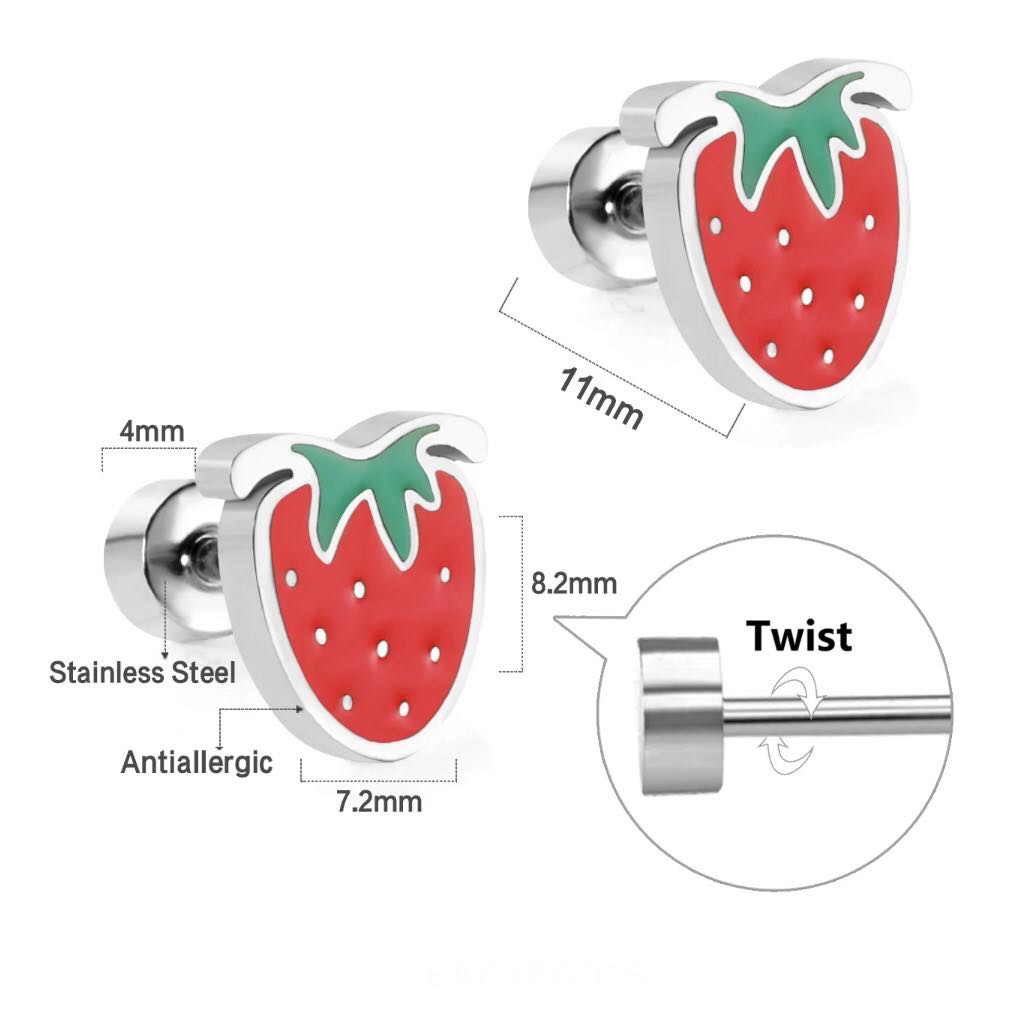 A pair of gold-colored screw back earrings designed to resemble a strawberry, with a red and green strawberry pattern on a white background.
