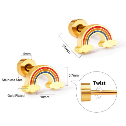 A pair of screw back, rainbow earrings with a gold PVD coating.