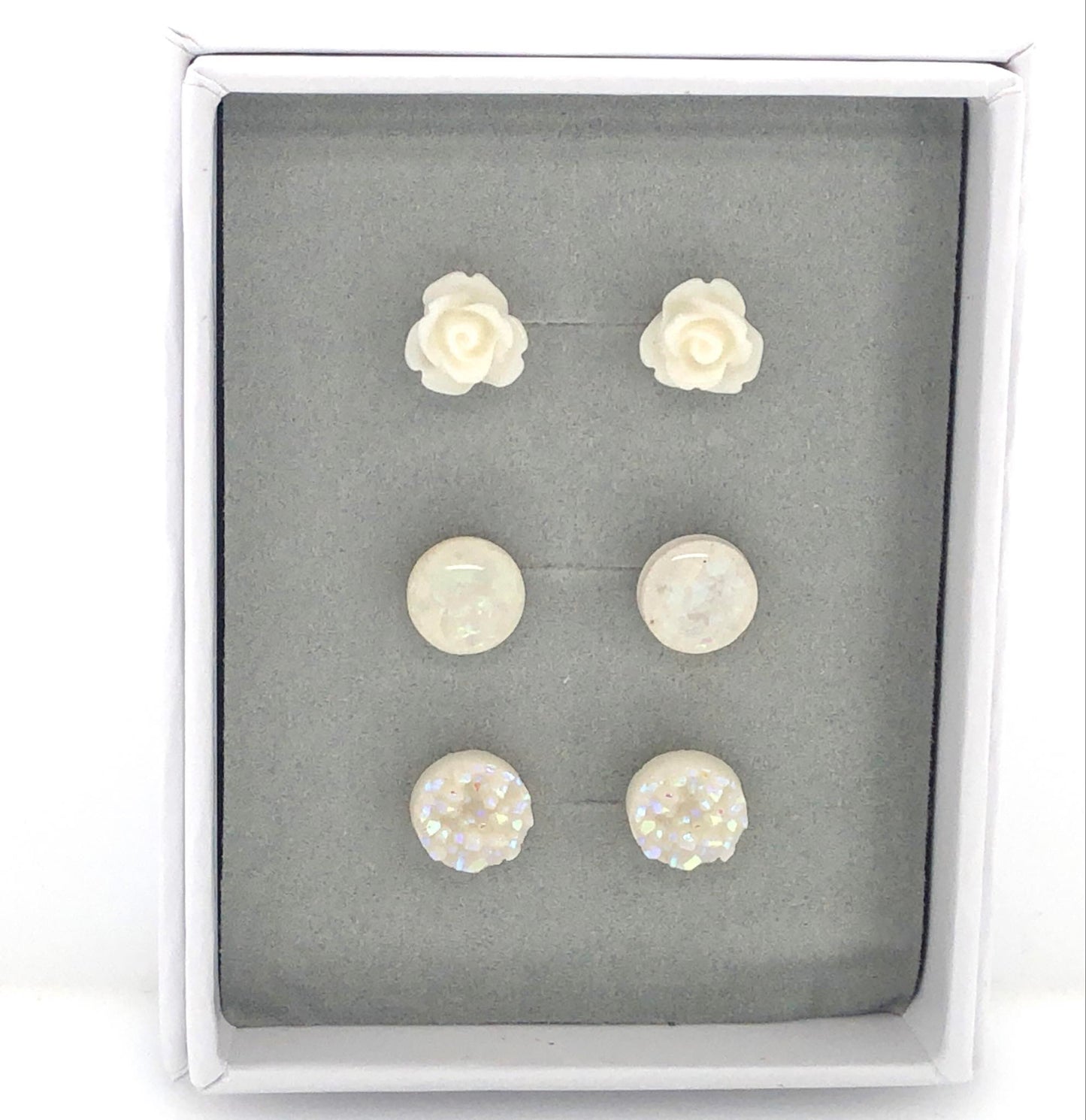 Coffret cadeau de boucles d'oreilles à tige en rose noire, opalescente et druzy 10 mm