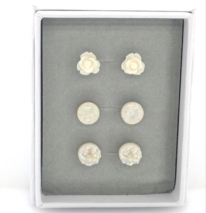 Coffret cadeau de boucles d'oreilles à tige en rose noire, opalescente et druzy 10 mm