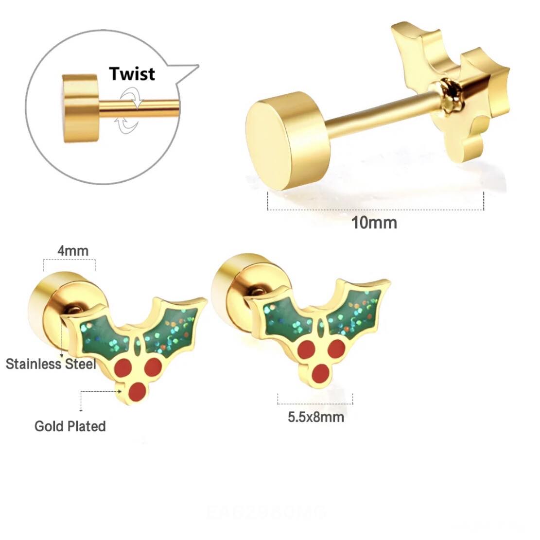 A pair of dainty holly stud earrings with a gold PVD coating and red, green, and white color scheme.