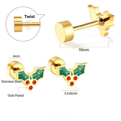 A pair of dainty holly stud earrings with a gold PVD coating and red, green, and white color scheme.