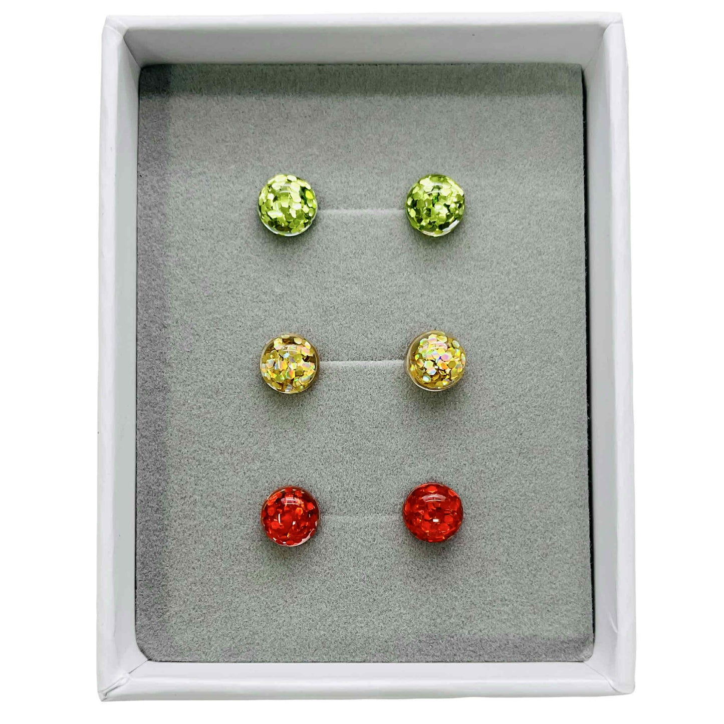 8mm Glitter Cabochons, Green, Gold, Red- Stud Earrings Gift Set