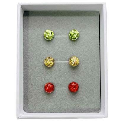 8mm Glitter Cabochons, Green, Gold, Red- Stud Earrings Gift Set