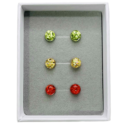 8mm Glitter Cabochons, Green, Gold, Red- Stud Earrings Gift Set