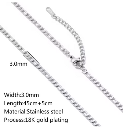 Figaro Necklace 18K Gold PVD Plated Stainless Steel, 3.0mm Wide, 17" Long