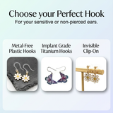 Earring display with metal-free plastic hooks, implant grade titanium hooks, and invisible clip-on options.