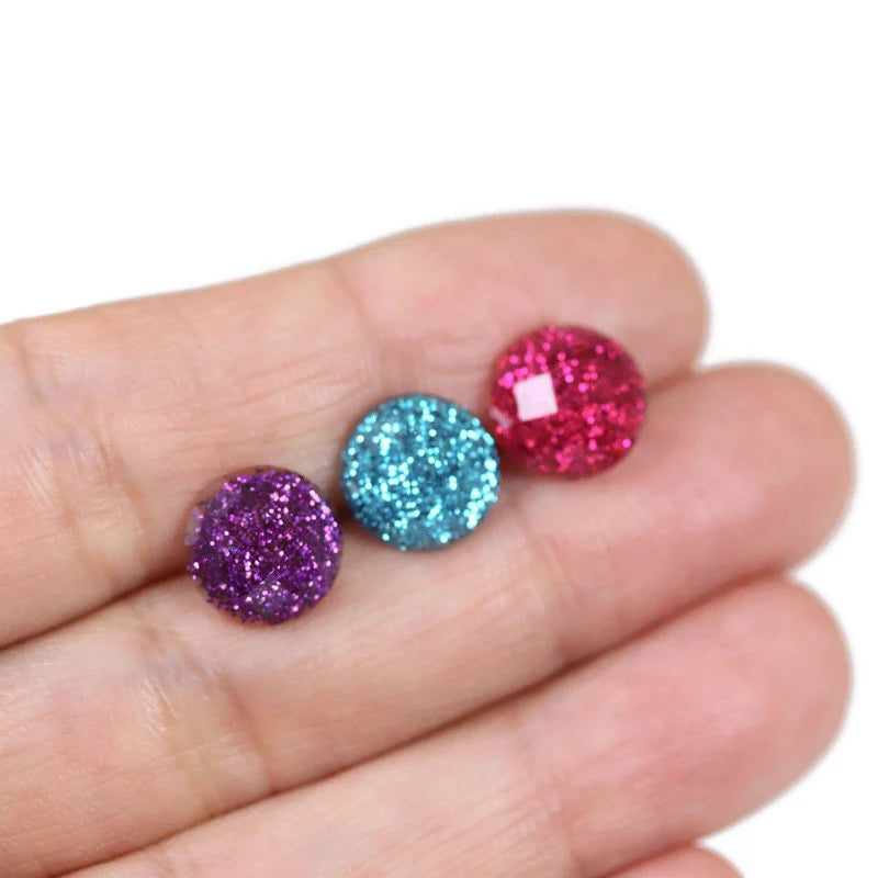Faceted Glitter Cabochon Stud Earrings