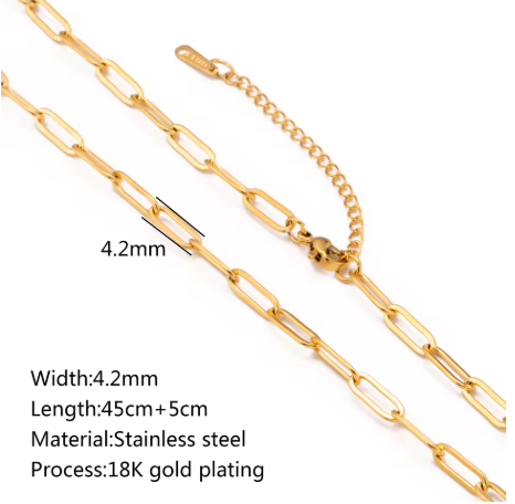Paperclip Chain Necklace 18K Gold PVD Plated Stainless Steel, 4.2mm Wide, 17" Long