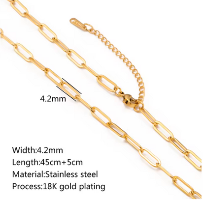Paperclip Chain Necklace 18K Gold PVD Plated Stainless Steel, 4.2mm Wide, 17" Long