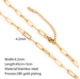 Paperclip Chain Necklace 18K Gold PVD Plated Stainless Steel, 4.2mm Wide, 17" Long