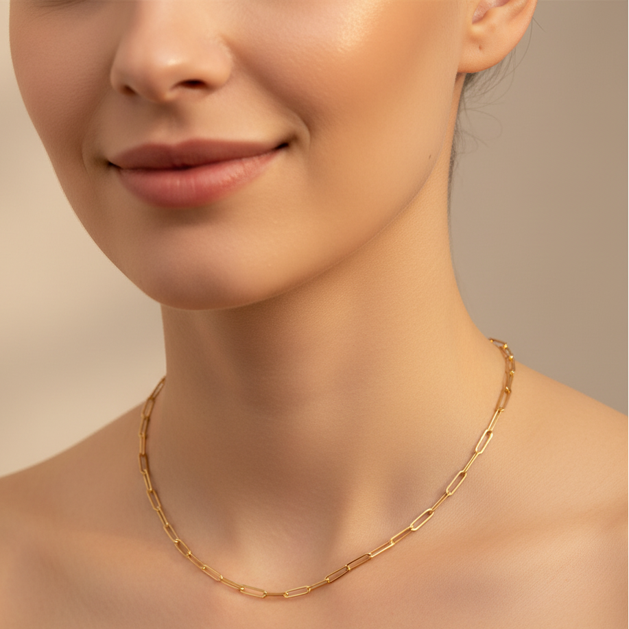 Paperclip Chain Necklace 18K Gold PVD Plated Stainless Steel, 3.2mm Wide, 17" Long