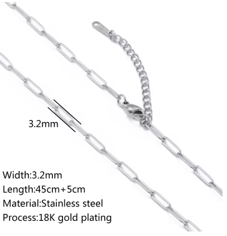 Paperclip Chain Necklace 18K Gold PVD Plated Stainless Steel, 3.2mm Wide, 17" Long