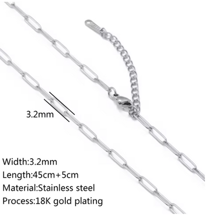 Paperclip Chain Necklace 18K Gold PVD Plated Stainless Steel, 3.2mm Wide, 17" Long