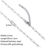 Collier chaîne trombone en acier inoxydable plaqué or 18 carats PVD, 3,2 mm de large, 17" de long 