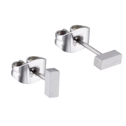A pair of silver titanium bar stud earrings with butterfly back closures.