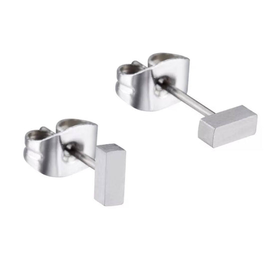 A pair of silver titanium bar stud earrings with butterfly back closures.