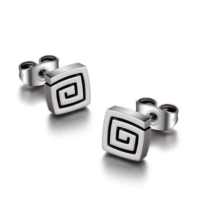 A pair of square spiral stud earrings made of pure titanium, displayed against a white background.